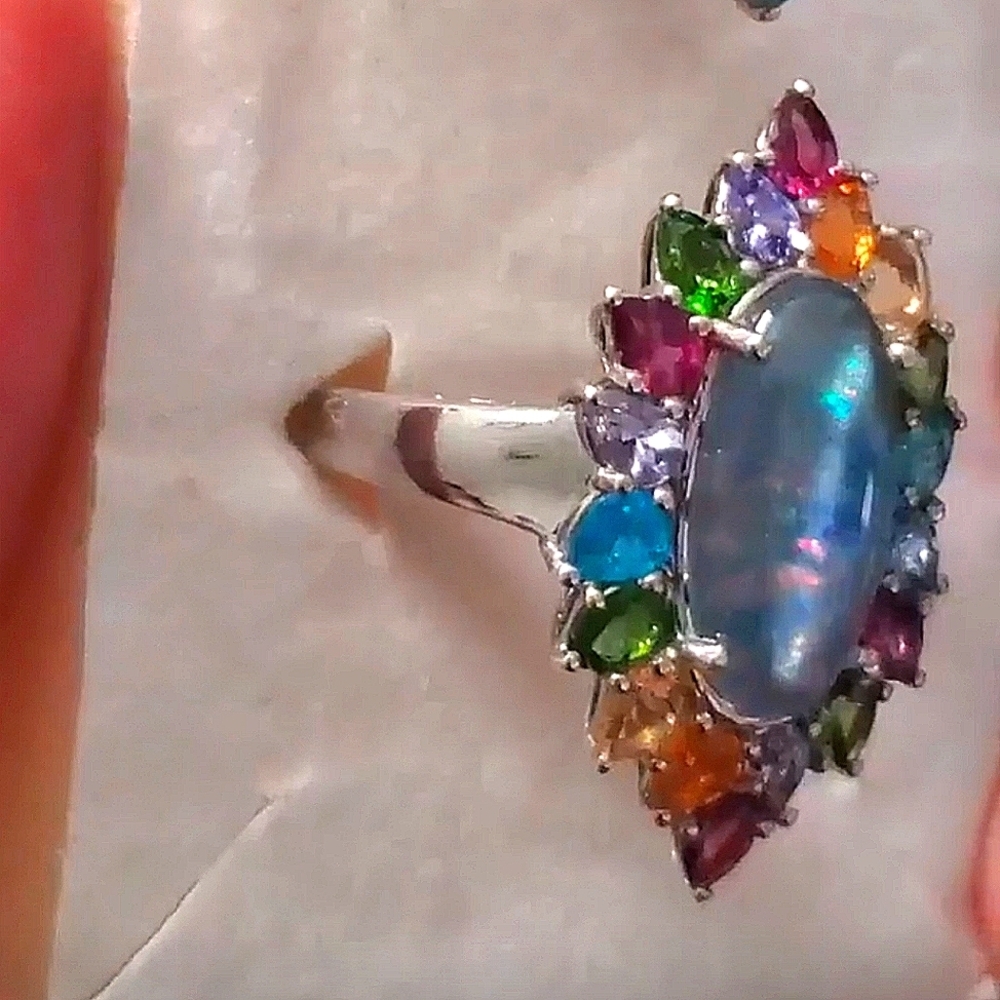 Australian Boulder Opal Multigemstone Ring Platinum Silver - Picture 8 of 8